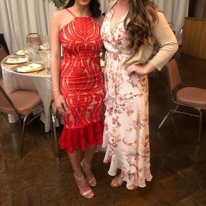 red lace frill hem midi dress